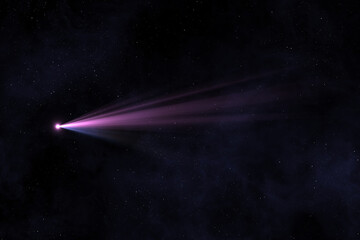 Comet on starry sky. Space. Bright comet with large dust and gas tails. Falling comet. Glowing comet flies in space. Falling meteorite, asteroid, comet in the starry sky. Comet near of Earth.