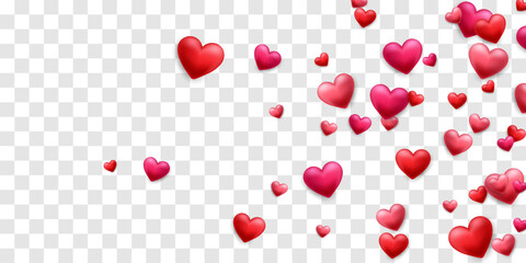 Vector 3D hearts, Valentines day love symbol. Flying cute love hearts isolated on png. Realistic romantic emoji. Valentines day vector illustration