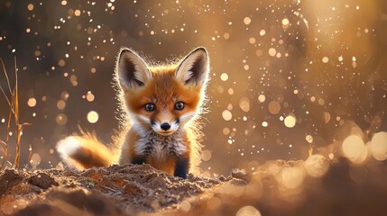 Obraz premium Fennec fox peeking out of sandy surroundings with large ears and wide eyes, illuminated by warm light. Highlights desert wildlife and charm of small animals. Generative AI