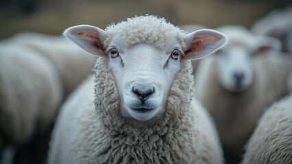 Obraz premium Close-up portrait of the face of a wool sheep in the farm, cinematic filter