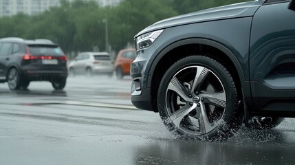 A vehicle drives through heavy rain, splashing water from its front wheel on a busy expressway on a sunny day.