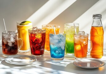 Refreshing Assortment of Colorful Beverages in Clear Glasses Showcasing Ice Cubes and Bright Fruity Displays with Natural Light Background