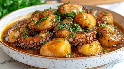 Braised octopus and potatoes with parsley garnish on kitchen table.