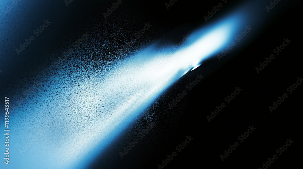 Poster Abstract blue beam of light on a dark black background with a grainy texture and blurred details, creating a mysterious and hazy atmosphere. Conceptual design for futuristic, digital, and sci-fi theme