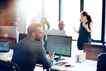 Modern office teamwork and analytics