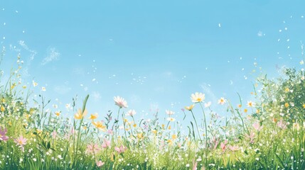 Spring meadow with wildflowers swaying under a clear blue sky