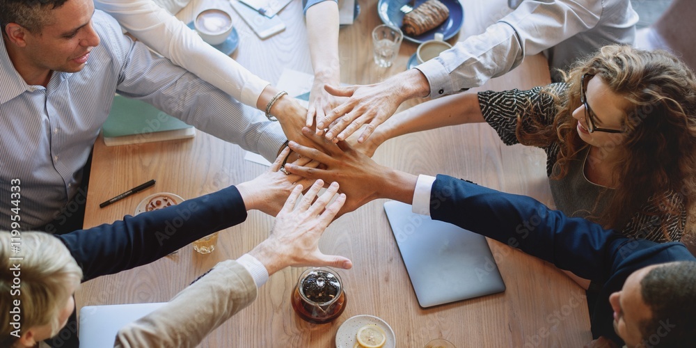 Poster Diverse group of business people on meeting  joining hands in teamwork. Diverse hands in unity. Teamwork and unity of diverse business team. Diverse people hands joining together, teamwork and unity