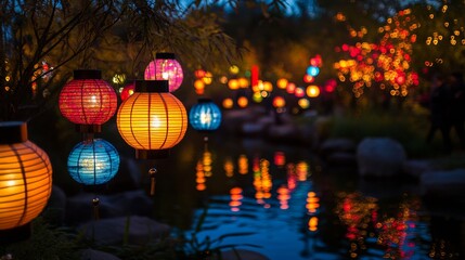 Chinese balloons illuminated over a lake at night