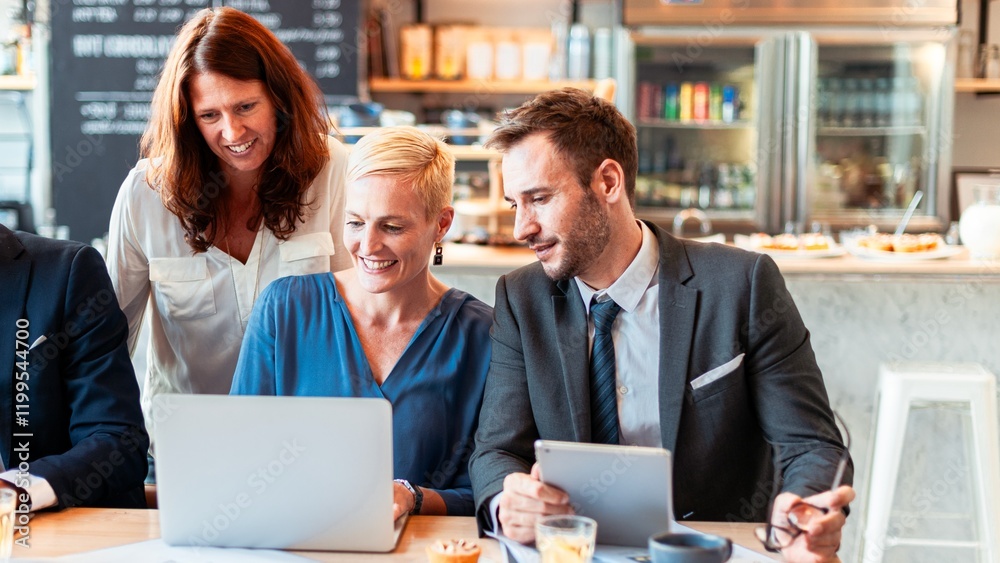 Poster group of business professionals collaborating in a cafe. diverse people discussing work. laptops and