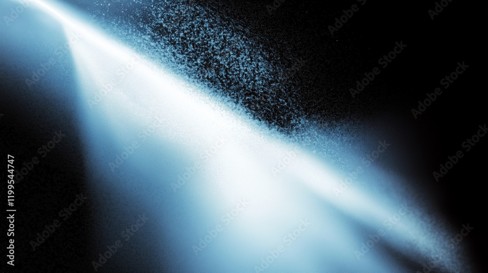 Poster Abstract blue beam of light on a dark black background with a grainy texture and blurred details, creating a mysterious and hazy atmosphere. Conceptual design for futuristic, digital, and sci-fi theme