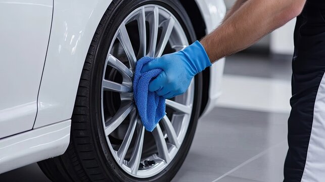 A person is meticulously cleaning the gray wheel of a modern luxury vehicle using a blue microfiber cloth in bright indoor lighting - Powered by Adobe