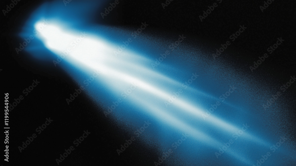 Poster Abstract blue beam of light on a dark black background with a grainy texture and blurred details, creating a mysterious and hazy atmosphere. Conceptual design for futuristic, digital, and sci-fi theme