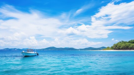 Fototapeta premium Serene Tropical Seascape with Blue Ocean and Sky, Small Boat on Horizon, Island View, White Clouds, and Clear Water on a Sunny Day. Stunning Wide-Angle Outdoor Landscape Capturing the Beauty of Nature