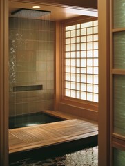 Serene Spa Shower with Wooden Accents and a Tranquil Atmosphere
