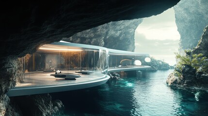 Fototapeta premium Futuristic Underwater Haven: A Glass-walled residence nestled within a serene ocean cave, offering breathtaking views and tranquil ambiance. Dive into luxury!