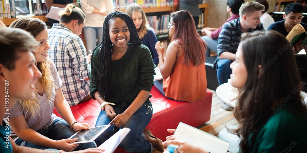 Leinwandbilder diverse group of young adults studying in a library. students engage in discussion, sharing ideas an
