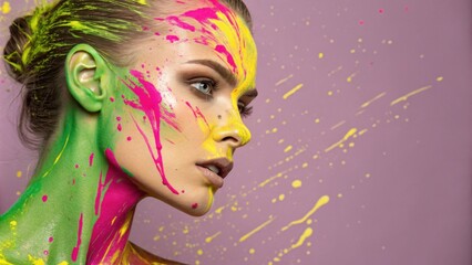 A portrait capturing the essence of abstract art where the models face is a canvas of splashed neon colorslime green bright magenta and sunshine yellow harmoniously blending