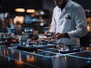 A chef interacts with a futuristic digital kitchen setup, featuring advanced technology and holographic displays for culinary innovation.
