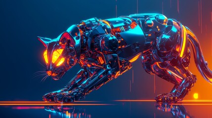 Futuristic Chrome Robotic Cat in Neon Light Sci Fi Digital Art Cyberpunk Style