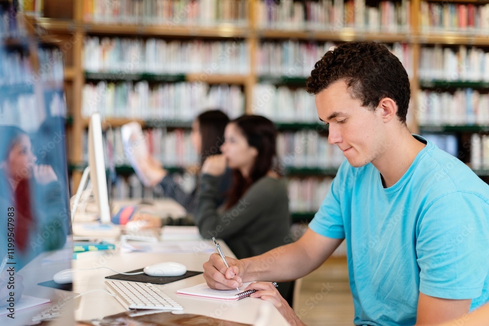 Poster young man in a blue shirt writing at a desk in a library. focused teen student take notes in library