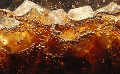 Refreshing Bubbles in Dark Soda Drink with Ice Cubes Creating a Lively and Inviting Beverage Scene Perfect for Summer or Any Celebration
