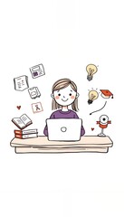 A cheerful cartoon girl sits at a desk working on a laptop