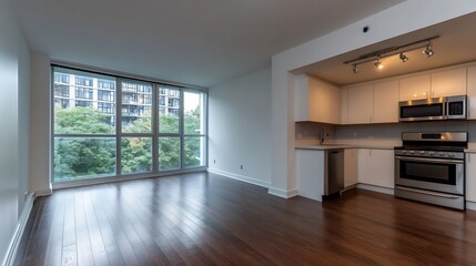 Fototapeta premium Modern Condo Apartment with City View and Open Kitchen
