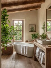 Fototapeta premium Luxurious Rustic Bathroom With Freestanding Tub And Plants