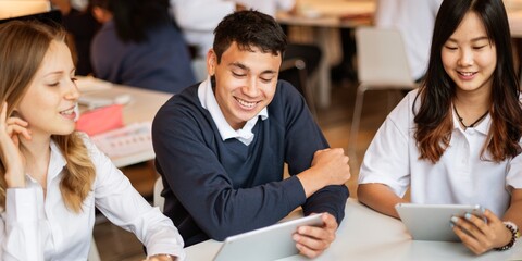 Group of young adults studying together, using tablets. Diverse students, male and female, engaged in learning. Collaborative study session with technology. Diverse students working on school project.