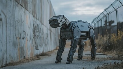 A robotic defense dog patrolling the perimeter of a modern military base equipped with smart surveillance cameras, military robotics and drones,