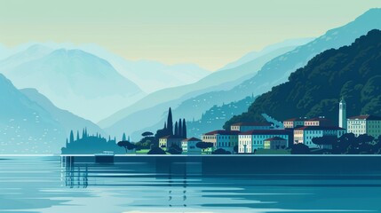 Obraz premium A tranquil scene of a small town nestled in the mountains, with a calm lake in the background. A boat can be seen floating on the water, adding to the peaceful atmosphere