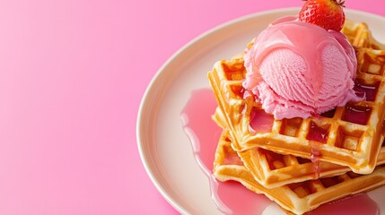 Viennese waffles with ice cream on a pink minimal background. Bight and elegant food photography.