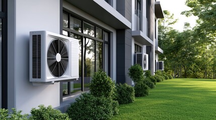 An air source heat pump is mounted on a modern house wall, set amidst a tidy lawn and greenery in a peaceful neighborhood