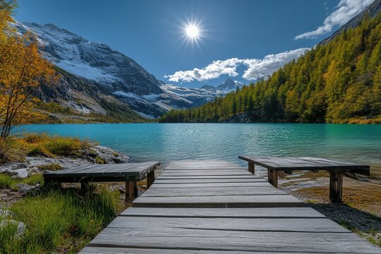 Bergsee in den Alpen - Gr&uuml;nsee in Wei&szlig;brunn im Ultental in S&uuml;dtirol Italien. Beautiful simple AI generated image