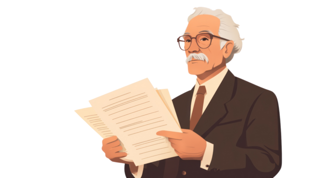 An elderly man in a suit holding documents, exuding wisdom and experience. Ideal for concepts of knowledge, education, and professionalism.