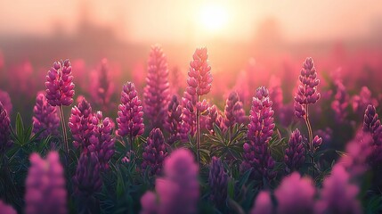 Fototapeta premium Pink lupine flowers at sunrise.