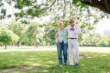 Fototapeta premium Elderly couple walking in a park, smiling and embracing. The elderly couple enjoys a sunny day, surrounded by trees, sharing a joyful moment outdoors. Happy elderly couple walking in the park.