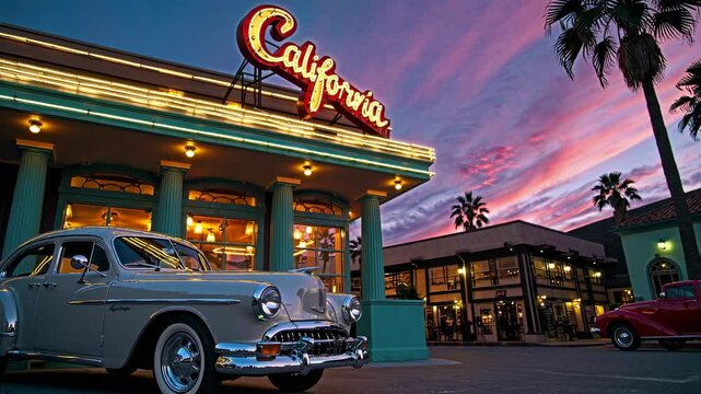 Nostalgic vintage car parked near retro california diner, glowing with vibrant neon lights under dramatic sunset sky, capturing classic americana roadside atmosphere