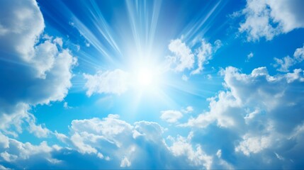 Sunburst Sky with Blue Clouds and White Sun. Natural Day Air Weather Replacement