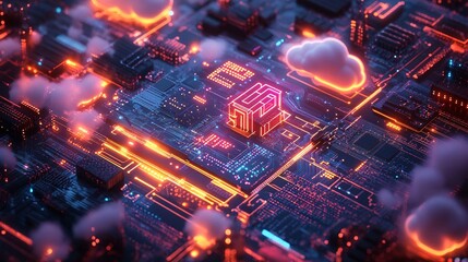 Modern technology IT solutions illustration featuring digital circuits, cloud icons, and tech symbols, representing innovation and efficiency.