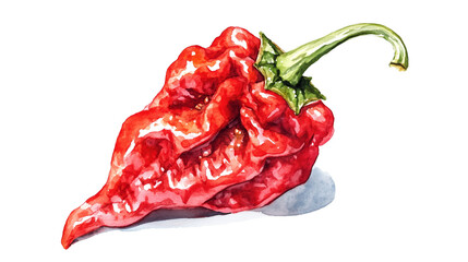 watercolor illustration of one single red hot carolina reaper pepper isolated on white background
