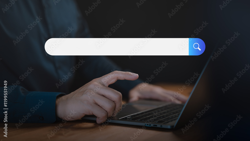 Poster adult man using a laptop searching on the internet. seo technology networking, representing online b