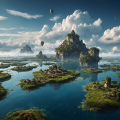 A surreal landscape with floating islands in the sky.