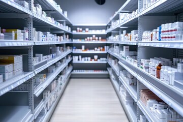 Empty pharmacy shelves displaying various medicines in a quiet setting