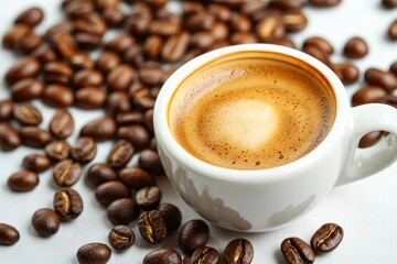 Fototapeta premium Espresso served beside coffee beans on a clean white background for a rich cafe experience