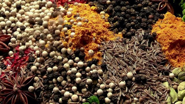Assorted spices and seasonings: Turmeric, Cumin, Cardamom, and Pepper. Close-up