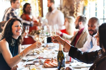 Group of diverse people celebrating at a festive gathering. Smiling guests clinking glasses, enjoying a joyful party atmosphere with food and drinks. Group celebration and party.