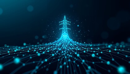 A captivating visualization of a power grid network, presented as an intricate network of interconnected lines and glowing points, emanating from a stylized power transmission tower