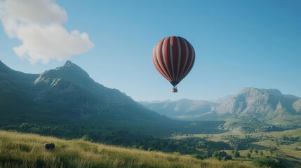Naklejka premium hot air balloon floats gracefully over vast plains and mountains, creating serene and picturesque landscape
