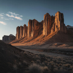 Towering rock formations bathed golden sunlight create stunning landscape. rugged cliffs and serene...